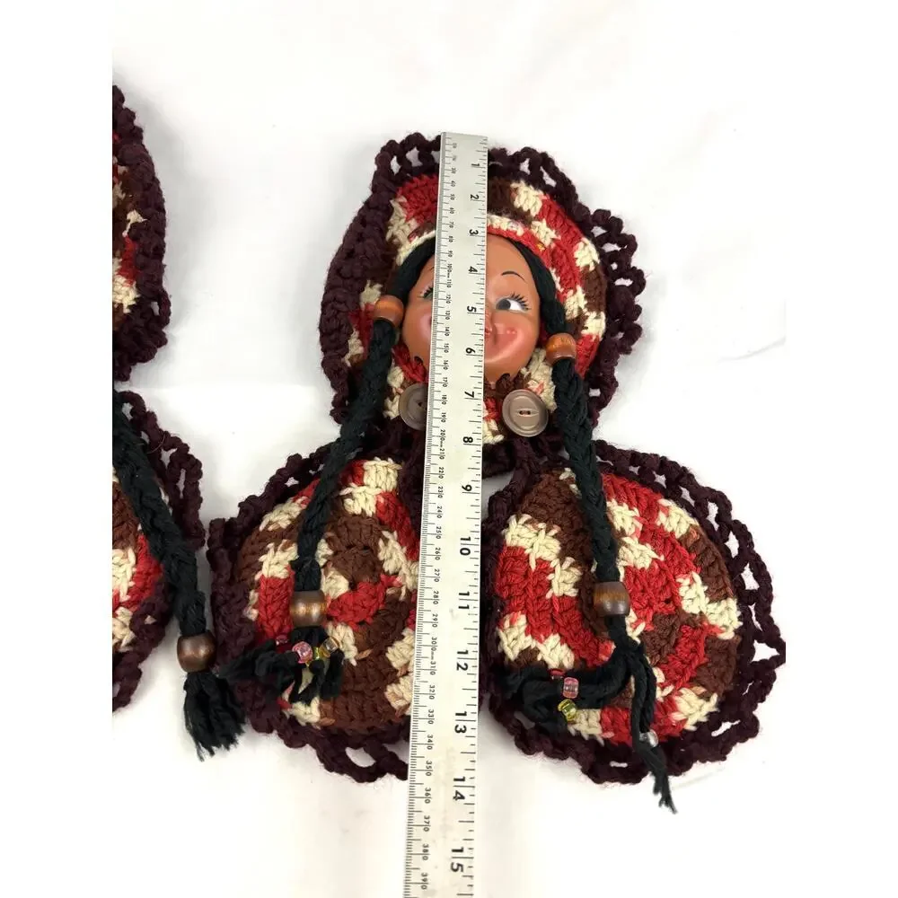 VTG Set of 2 Rubber Doll Face Crochet Pot Holder Brown‎ & Red Wall Decor 1970s